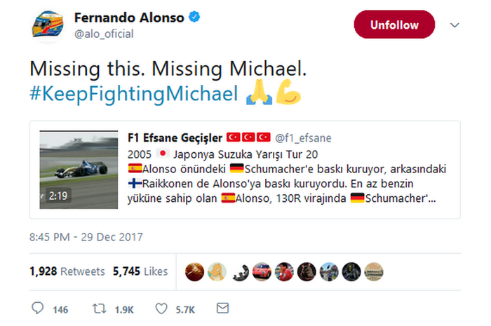 Fernando ALonso mengenang Michael Schumacher dengan video pertarungannya di GP F1 Jepang 2005