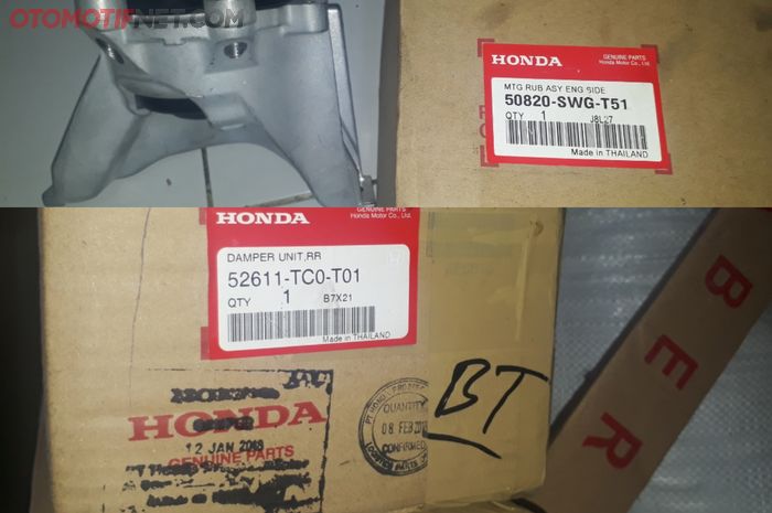 Kemasan spare part mobil Honda KW Thailand (atas) dan original Honda dengan cap stempel di kardusnya