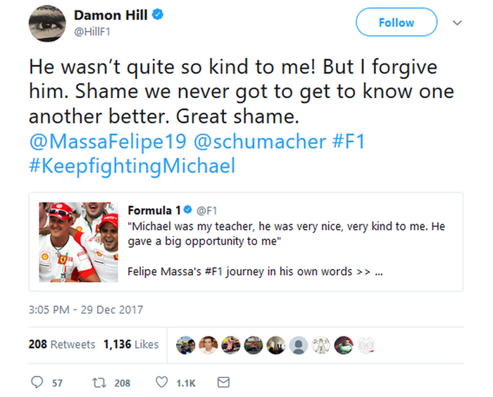 Akun Twitter milik Damon Hill saat bertepatan empat tahun Michael Schumacher kecelakaan bermain ski