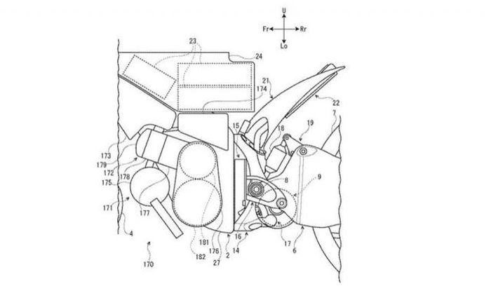 Konfigurasi mesin bensin yang akan meggerakkan motor listrik pada paten milik Suzuki.