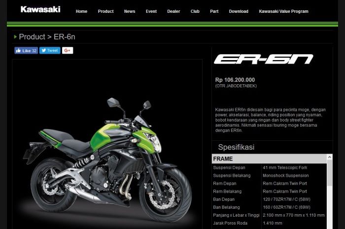 Info Er-6n di situs resmi Kawasaki Motor Indonesia