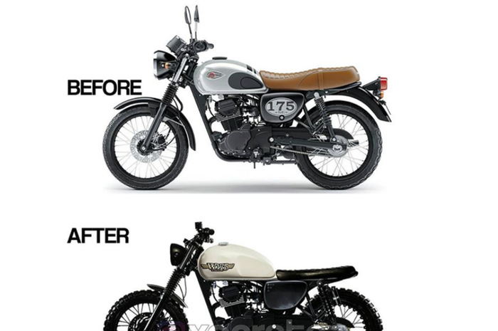 Hasil rendering Kawasaki W175 bergaya scrambler yang minimalis