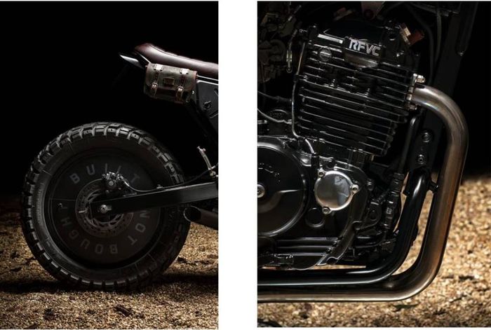 Tampilan mesin dan kaki-kaki belakang Honda NX650 garapaan Gilles