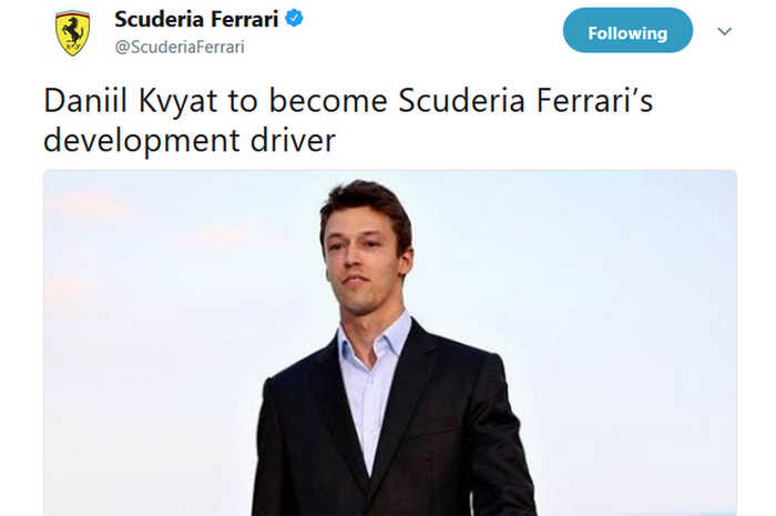 Akun Twitter resmi tim Ferrari tanggal 10 Januari 2018 mengumumkan Daniil Kvyat menjadi bagian dari mereka