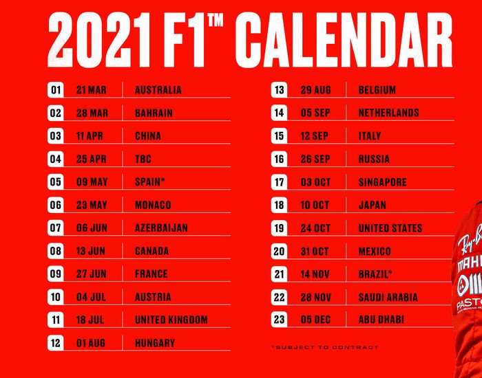 Kalender F1 2021 berjumlah 23 grand prix dengan satu slot masih kosong di bulan April
