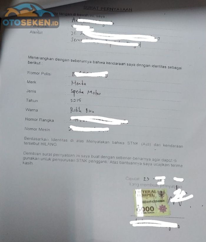 Surat pernyataan saat pengurusan STNK hilang, memerlukan sebuah materai