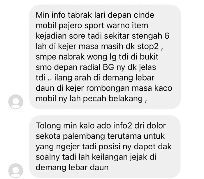 Curhatan korban tabrak lari Mitsubishi Pajero Sport di Kota Palembang, Selasa (21/02/2023).