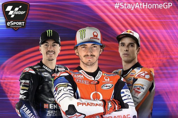 Podium MotoGP Virtual race kedua persis dengan yang pertama. Yang beda posisinya. Francesco Bagnaia (tengah) juaranya, Maverick Vinales (kiri) posisi kedua dan Alex Marquez (kanan) posisi ketiga