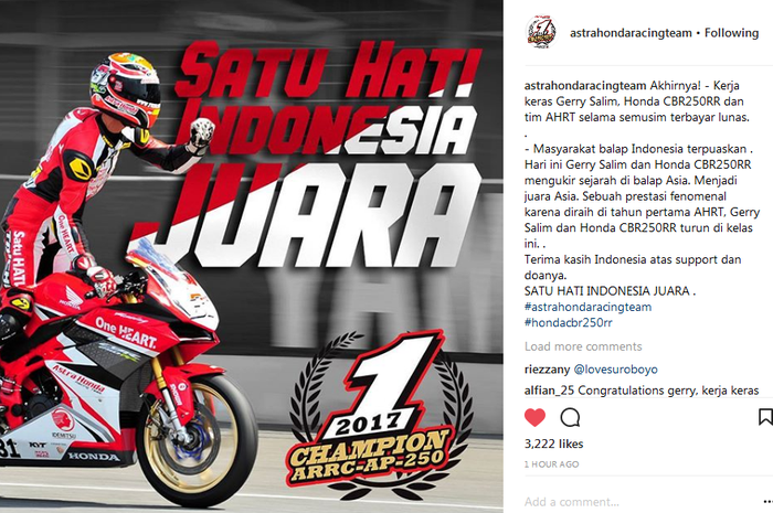 Ucapan selamat buat Gerry Salim membanjiri akun Instagram @astrahondarcing team setelah berhasil menjadi Juara Asia Sport 250 cc musim ini