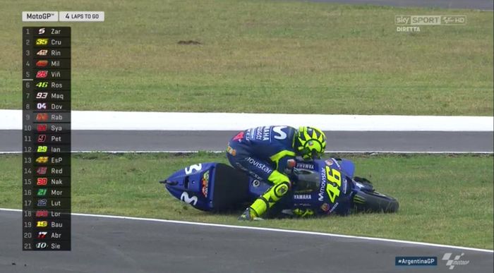 Setelah jatuh, Valentino Rossi coba bangkit dan menyelesaikan balapan di urutan 19