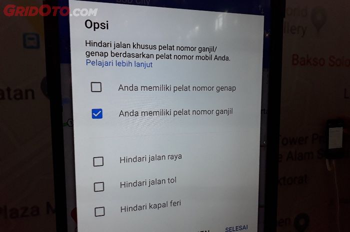 Opsi ganjil genap di Google Maps