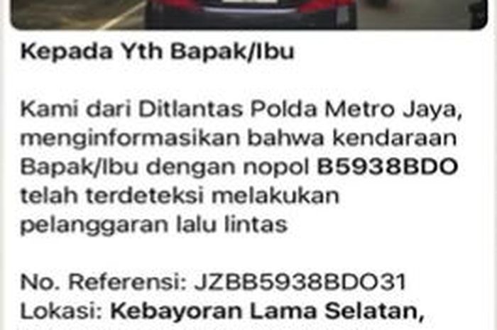 Contoh surat konfirmasi tilang elektronik yang kini lewat WhatsApp