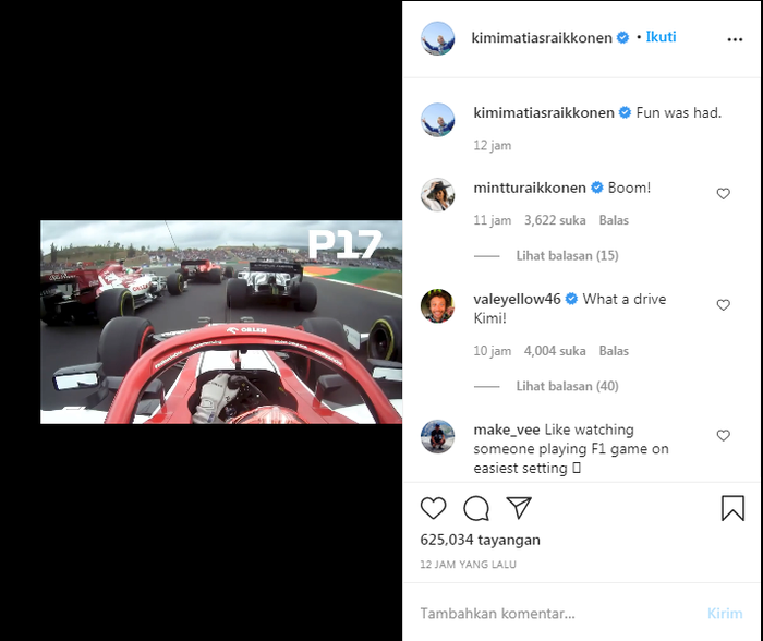 Valentino Rossi mengomentari aksi memukai Kimi Raikkonen pada balapan F1 Portugal 2020