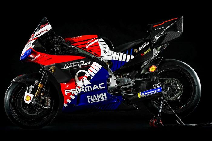 Label Lamborghini muncul di fairing motor Ducati Desmosedici tim Pramac Racing di MotoGP Amerika 2019