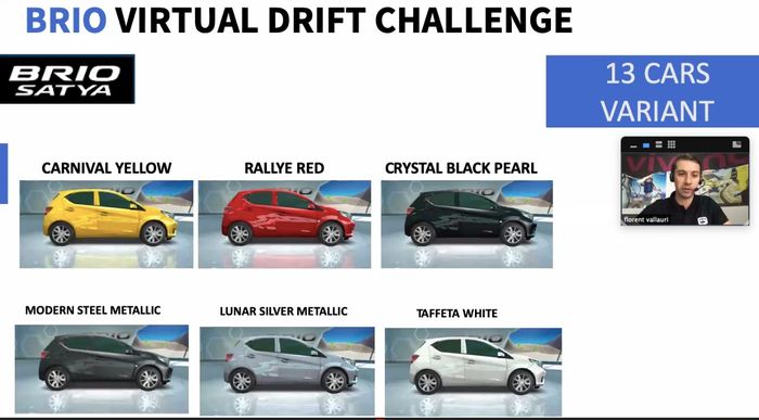 Dalam game Brio Virtual Drift Challenge, pemain bisa memilih 13 mobil dengan warna yang berbeda