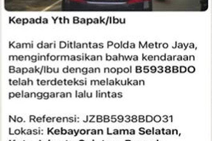 Contoh surat konfirmasi tilang elektronik yang kini lewat WhatsApp