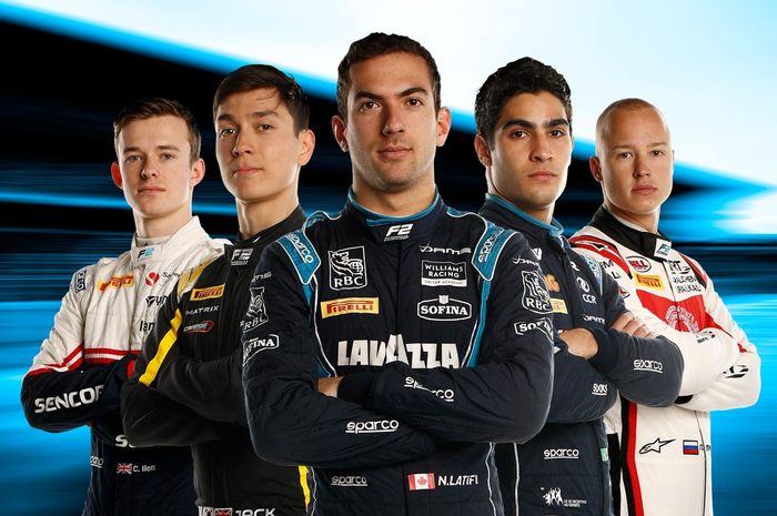 Pembalap F2 2019 yang ikut tes F1 Spantol, dari kiri ke kanan: Callum Ilott, Jack Aitken, Nicholas Latifi, Sergio Sette Camara dan Nikita Mazepin