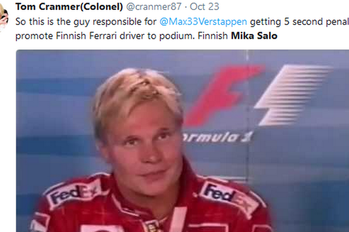 Salah satu postingan netizen di akun Twitter, mengecam Mika Salo sebagai orang yang bertanggung jawab memberikan penalti lima detik dan mempromosikan pembalap Ferrari naik podium di F1 Amerika