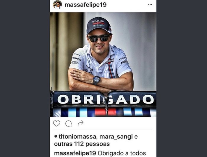 Setelah menyatakan pensiun, akhir musim tahun lalu Felipe Massa sudah mengucapkan terima kasih melalui postingan akun Instagramnya