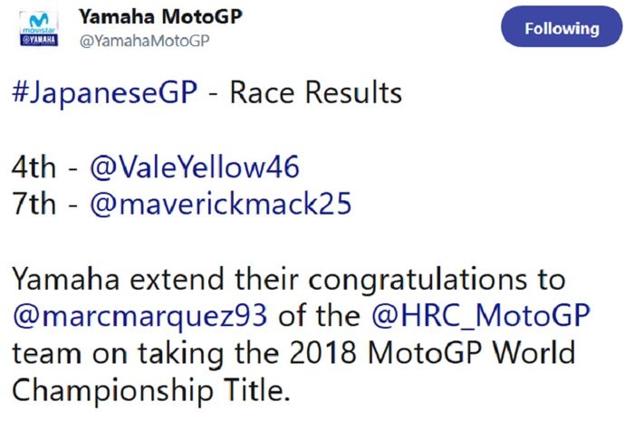 Ucapan selama dari Yamaha untuk Marc Marquez beberapa saat setelah finish MotoGP Jepang