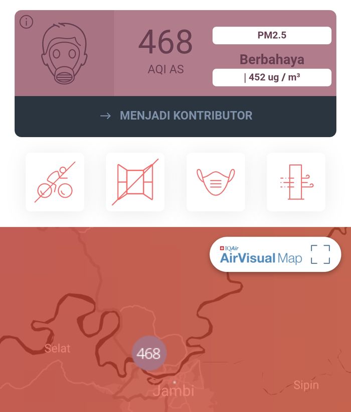 Kualitas udara di Jambi Senin, (23/9/2019) pukul 18.00 WIB.