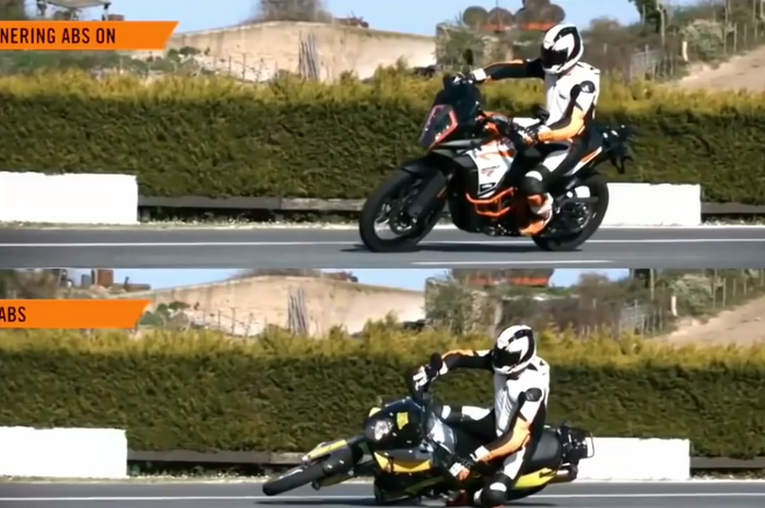 Ilustrasi motor saat cornering menggunakan pengereman ABS dan non ABS