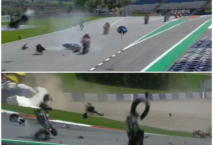 Kolase kecelakaan horor di laga Moto2 dan MotoGP Austria 2020, Minggu (16/08/2020).