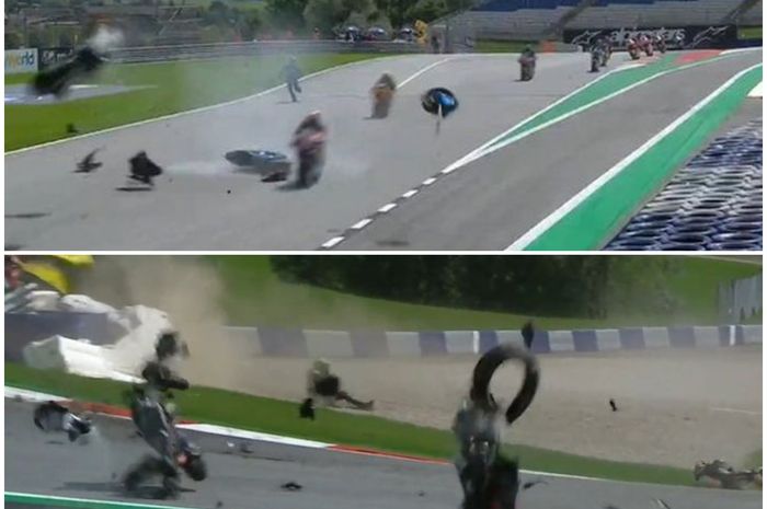 Kolase kecelakaan horor di laga Moto2  dan MotoGP Austria 2020 yang berlangsung di Sirkuit Red Bull Ring, Minggu (16/08/2020).