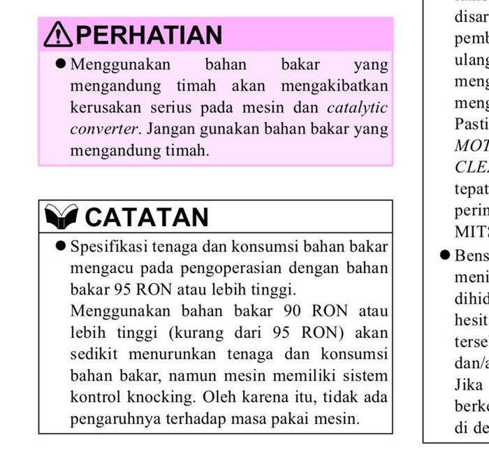Anjuran BBM di buku manual Mitsubishi Destinator