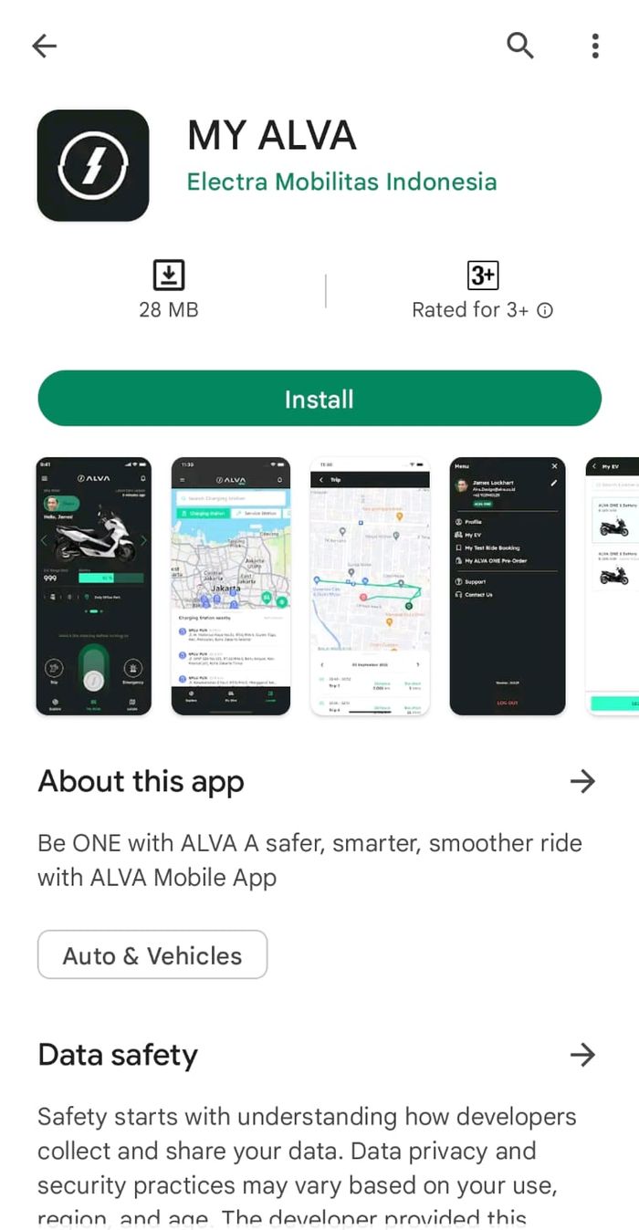 Tangkapan layar aplikasi  MY ALVA untuk menghidupkan ALVA One
