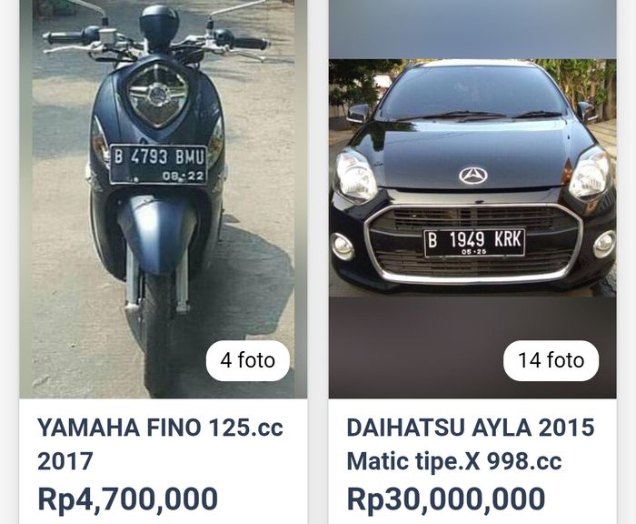 Yamaha Fino dan Daihatsu Ayla di dalam website tipuan online mengatasnamakan Pegadaian