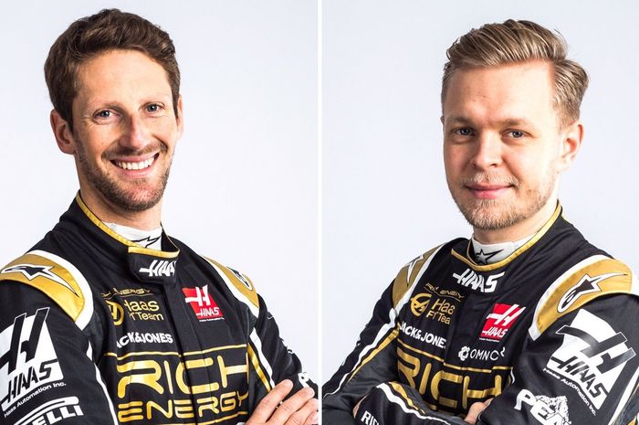 Romain Grosjean dan Kevin Magnussen dengan pakaian balap baru tim Haas untuk F1 2019
