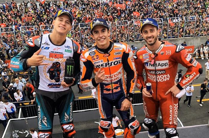 Fabio Quartararo, Marc Marquez dan Andrea Dovizioso di podium MotoGP Jepang 2019