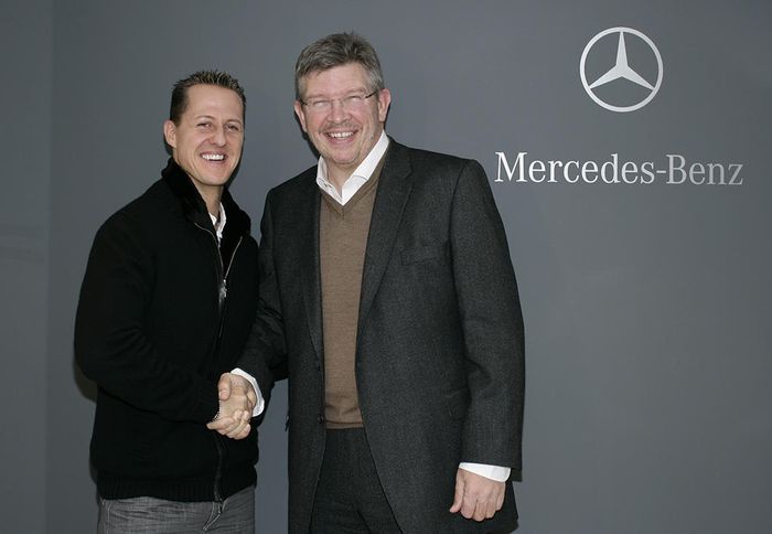 Michael Schumacher dan Ross Brawn, bos tim F1 Mercedes saat itu