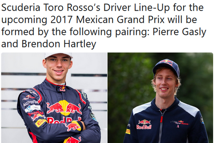 Pierre Gasly (kiri) dan Brendon Hartley ditetapkan sebagai pembalap tim Toro Rosso untuk GP F1 Meksiko 2017