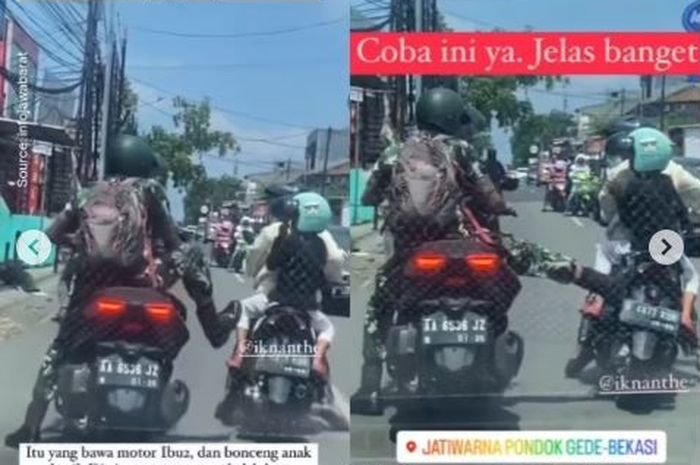 Tangkap layar diduga oknum TNI nekat menendang ibu-ibu pemotor yang sedang membonceng anaknya di jalan raya kawasan Jatiwarna, Pondok Gede, Bekasi, Senin (24/3/2023).