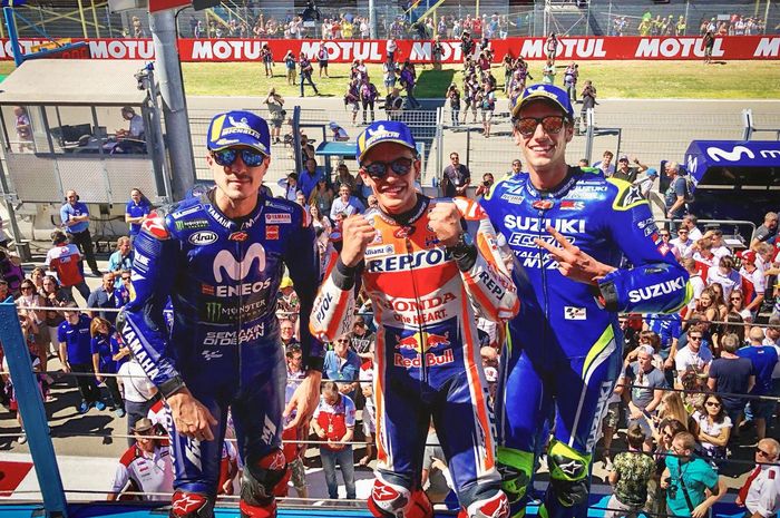 Maverick Vinales, Marc Marquez, dan Alex Rins di podium MotoGP Belanda 2018