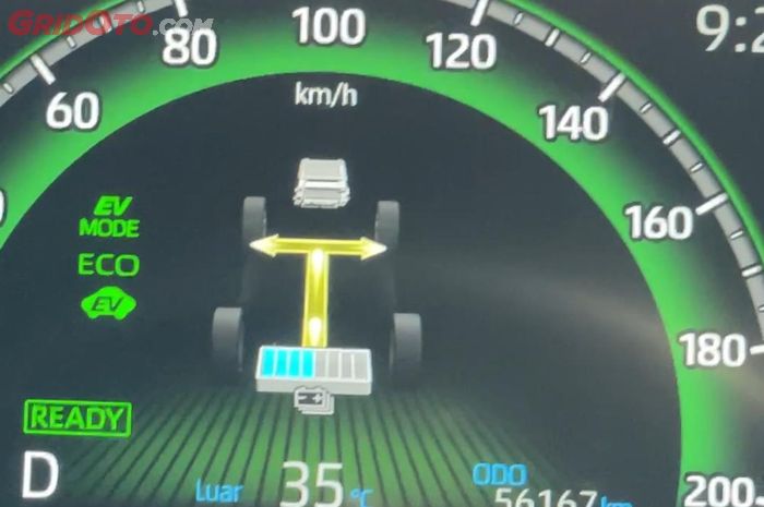 Ketika EV mode di Toyota Kijang Innova Zenix Hybrid aktif, panel instrumen akan menunjukan aliran tenaga dari baterai ke roda.