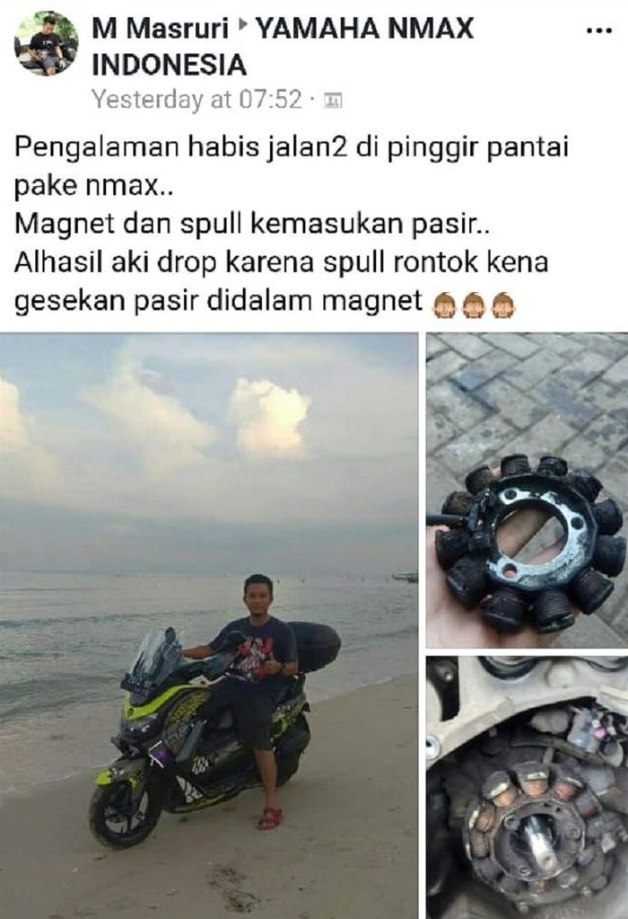 Habis main di pantai, spul Yamaha NMAX jebol