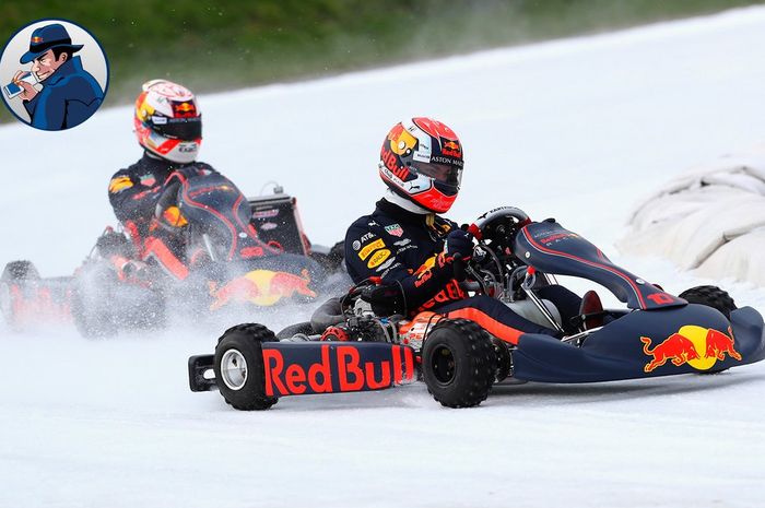 Pembalap tim Red Bul, Max Verstappen dan Pierre Gasly asyik bermain gokart di atas permukaan salju