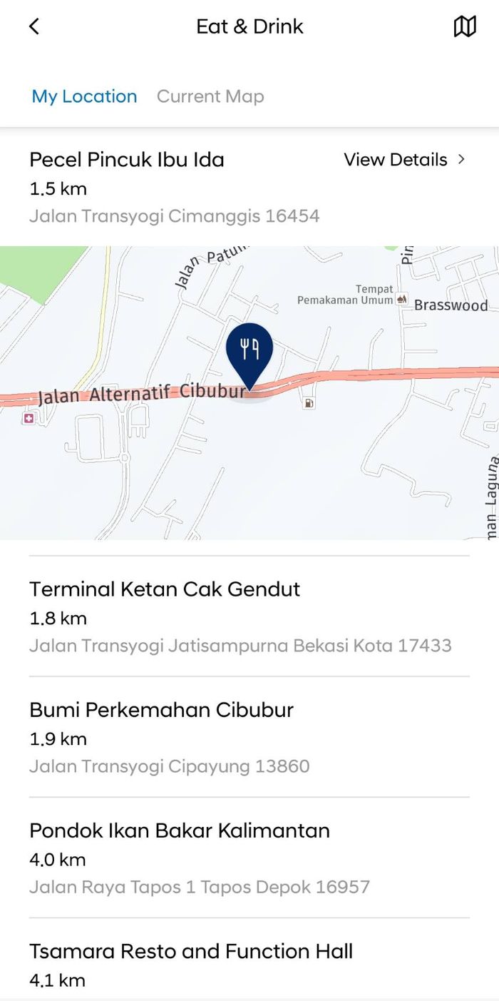 Menu Eat &amp; Drink mengurutkan tempat-tempat kuliner terdekat dari lokasi pemilik mobil.