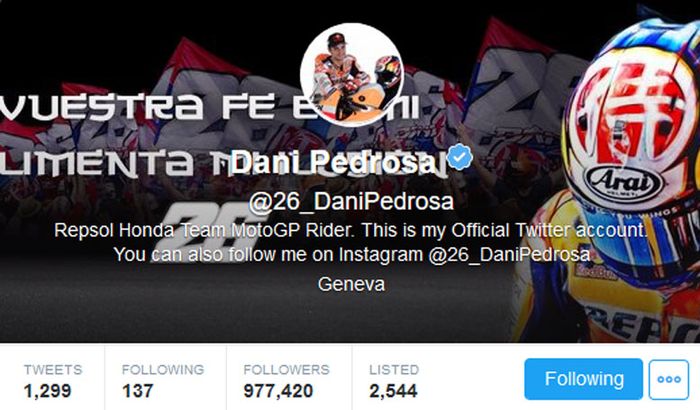 Akun @26_DaniPedrosa diikuti lebih dari 977 ribu follower