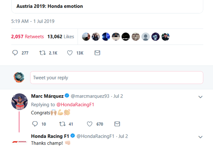Ini ucapan balasan Honda Racing F1 atas ucapan selamat dari Marc marquez