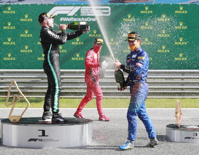 Podium F1 Austria 2020. Valtteri Bottas, Charles Leclerc dan Lando Norris