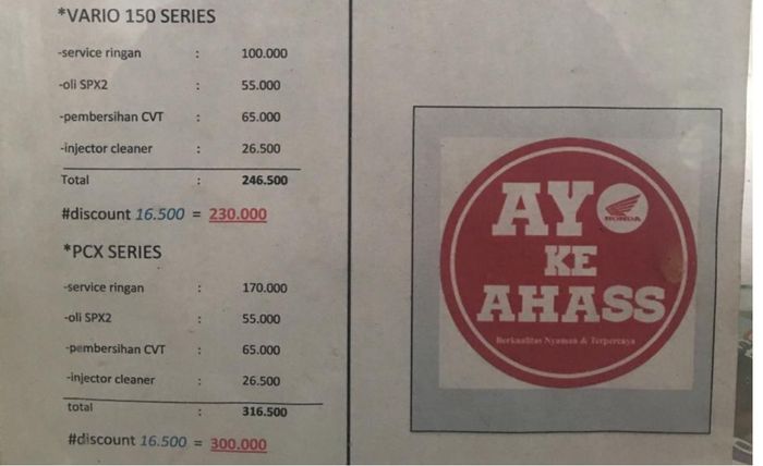 Daftar tarif servis di Clara Motor