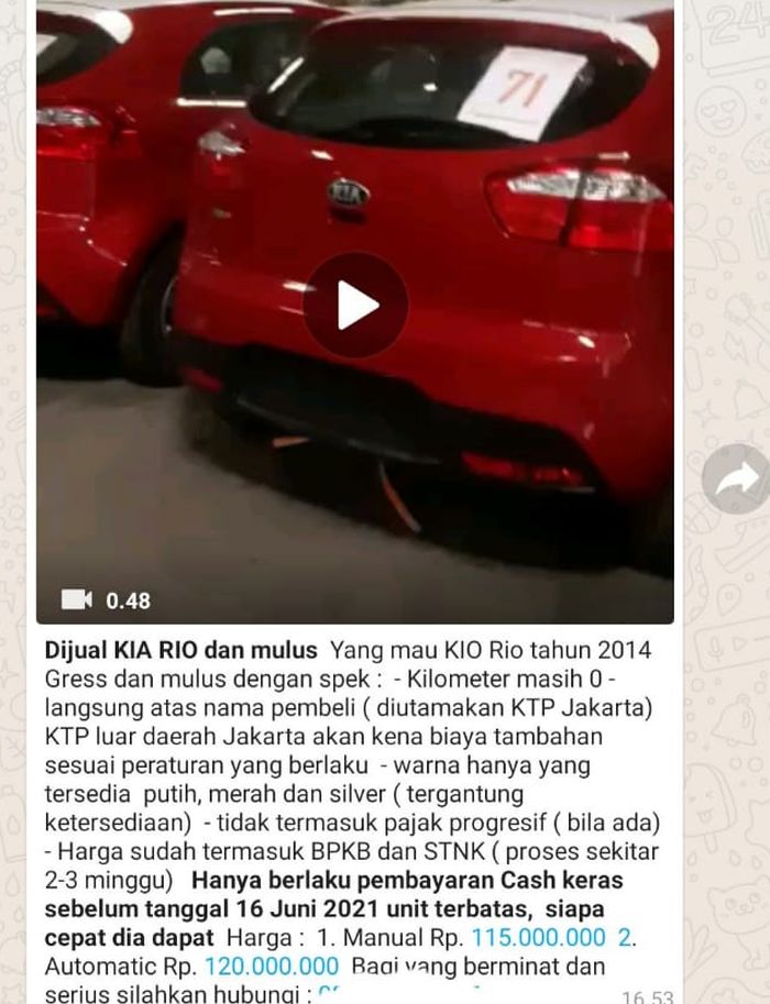 Tipon KIA Rio lansiran 2014 yang beredar di Whatsapp group