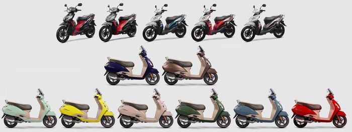 Pilihan warna TVS Dazz (atas), Callisto 110 STD (tengah) dan Callisto Limited (bawah)