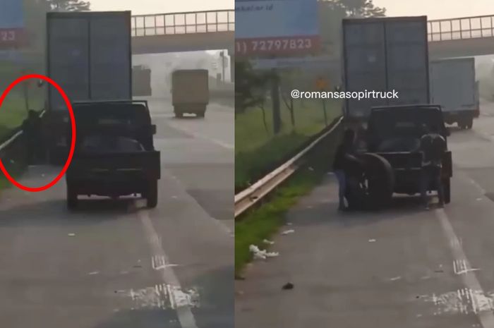 Cuplikan video maling ban serep truk di tol Cipali, Rabu (05/01/2022).