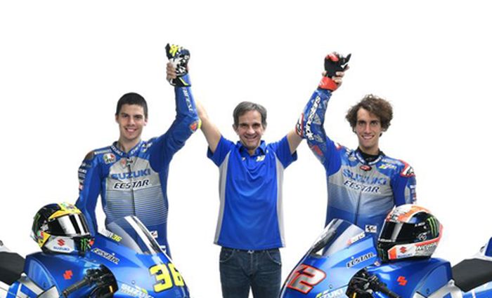 Davide Brivio (tengah) bersama Joan Mir (kiri) dan Alex Rins (kanan)
