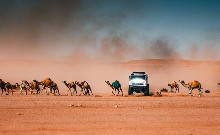 Salah satu peserta Reli Dakar 2022 sedang melintas di gurun pasir pada hari keenam